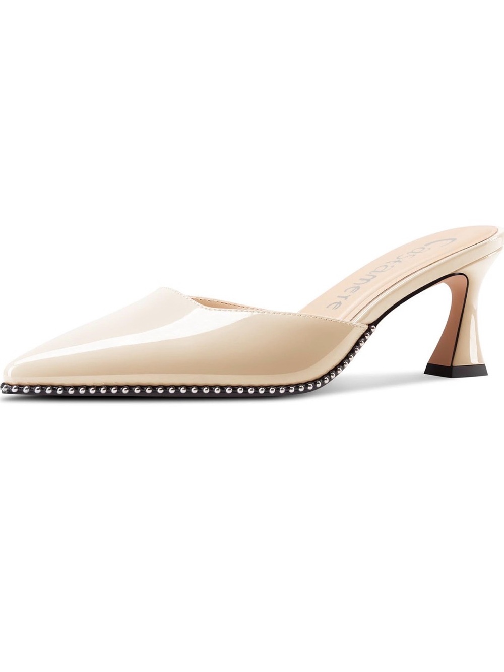 Size 9 Pointed Toe Beaded Mules 2.6” Kitten Heels. faux patent leather Nude - Picture 7 of 10